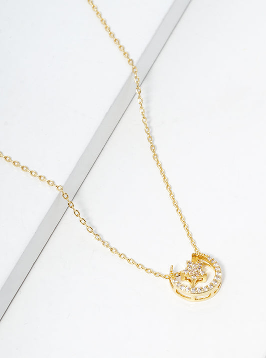 18k Gold Dipped CZ Pave Star And Moon Pendant Necklace