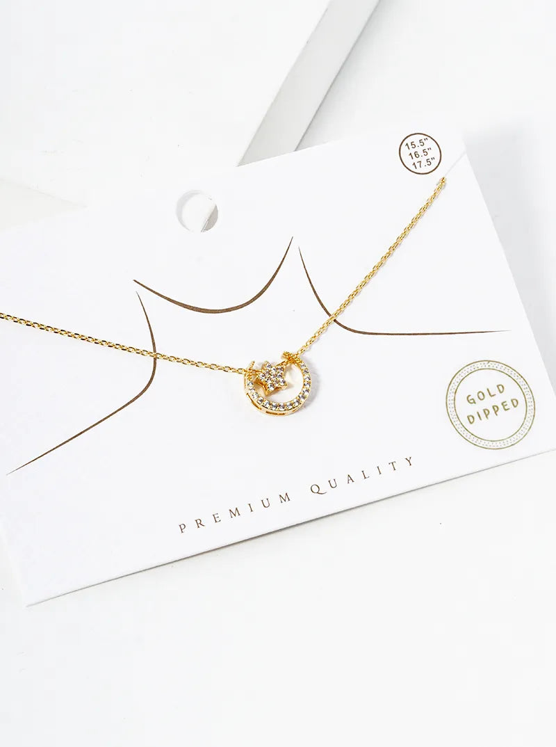 18k Gold Dipped CZ Pave Star And Moon Pendant Necklace