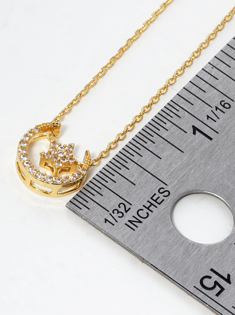 18k Gold Dipped CZ Pave Star And Moon Pendant Necklace