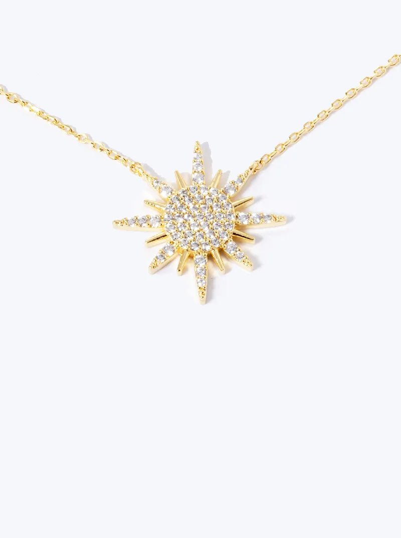 18k Gold Dipped CZ Pave Sunburst Pendant Necklace