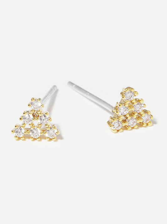18K Gold Dipped CZ Pave Triangle Sterling Silver Post Stud Earrings