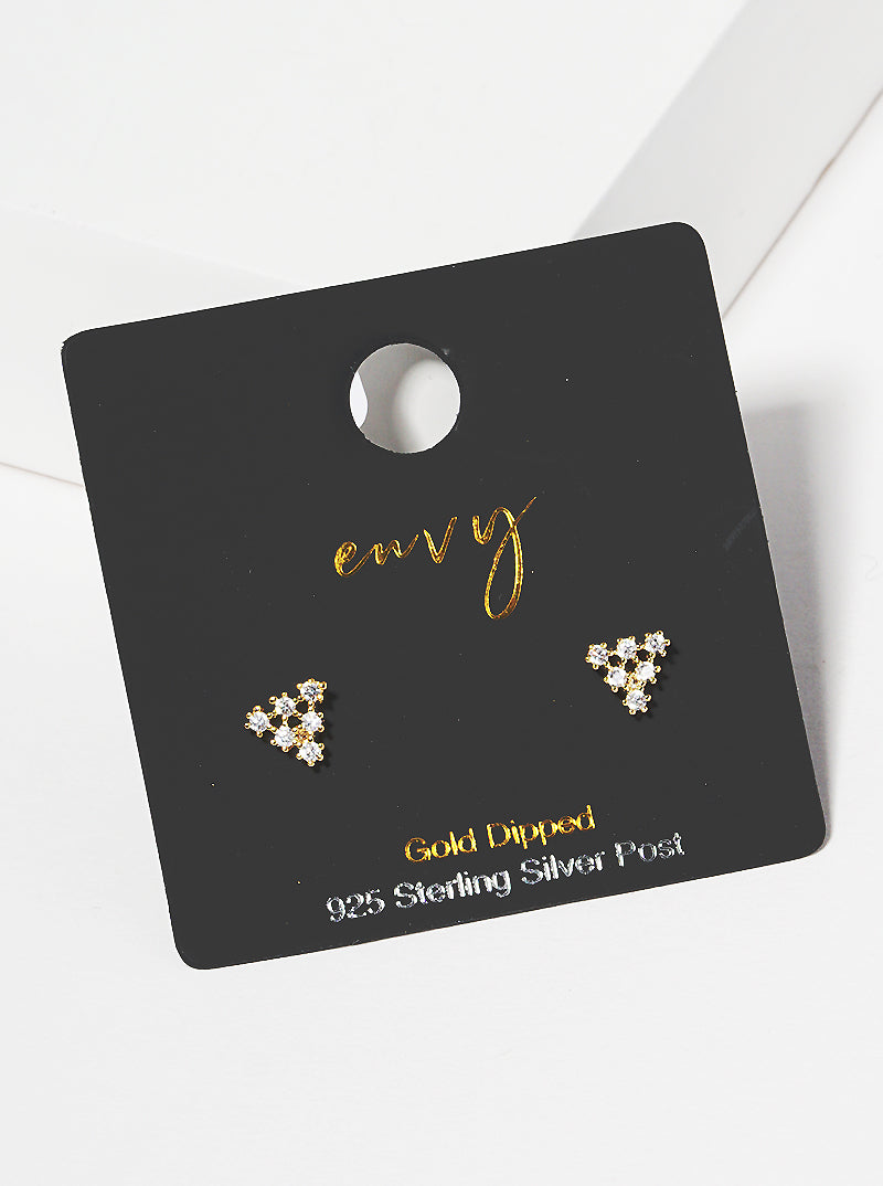 18K Gold Dipped CZ Pave Triangle Sterling Silver Post Stud Earrings