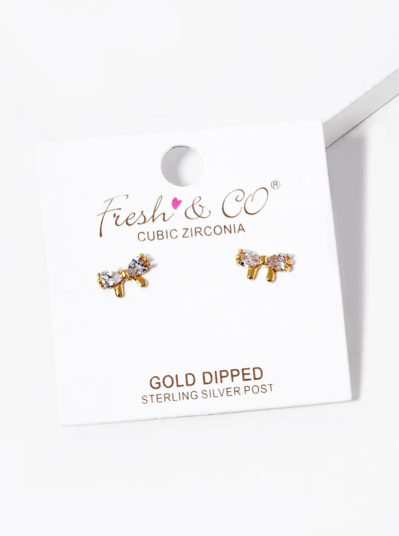 18k Gold Dipped CZ Ribbon Bow Stud Earrings