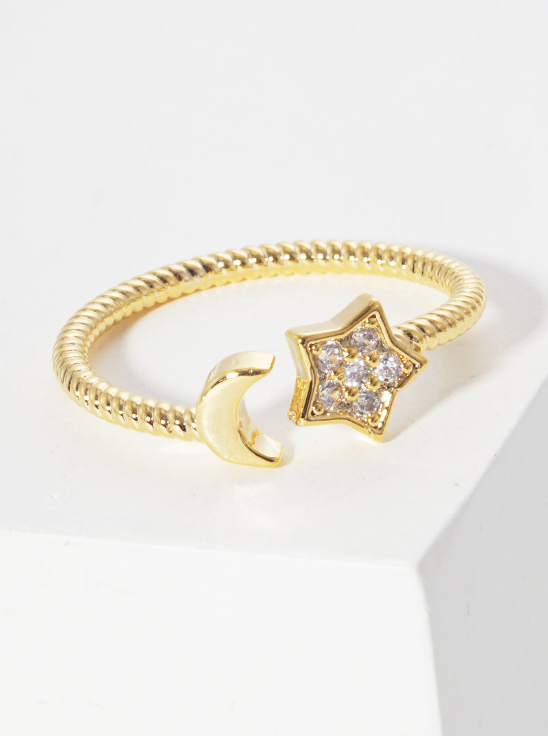 18k Gold Dipped CZ Star And Moon Textured Metal Adjustable Cuff Ring