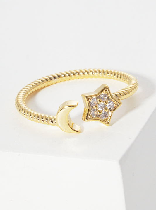 18k Gold Dipped CZ Star And Moon Textured Metal Adjustable Cuff Ring
