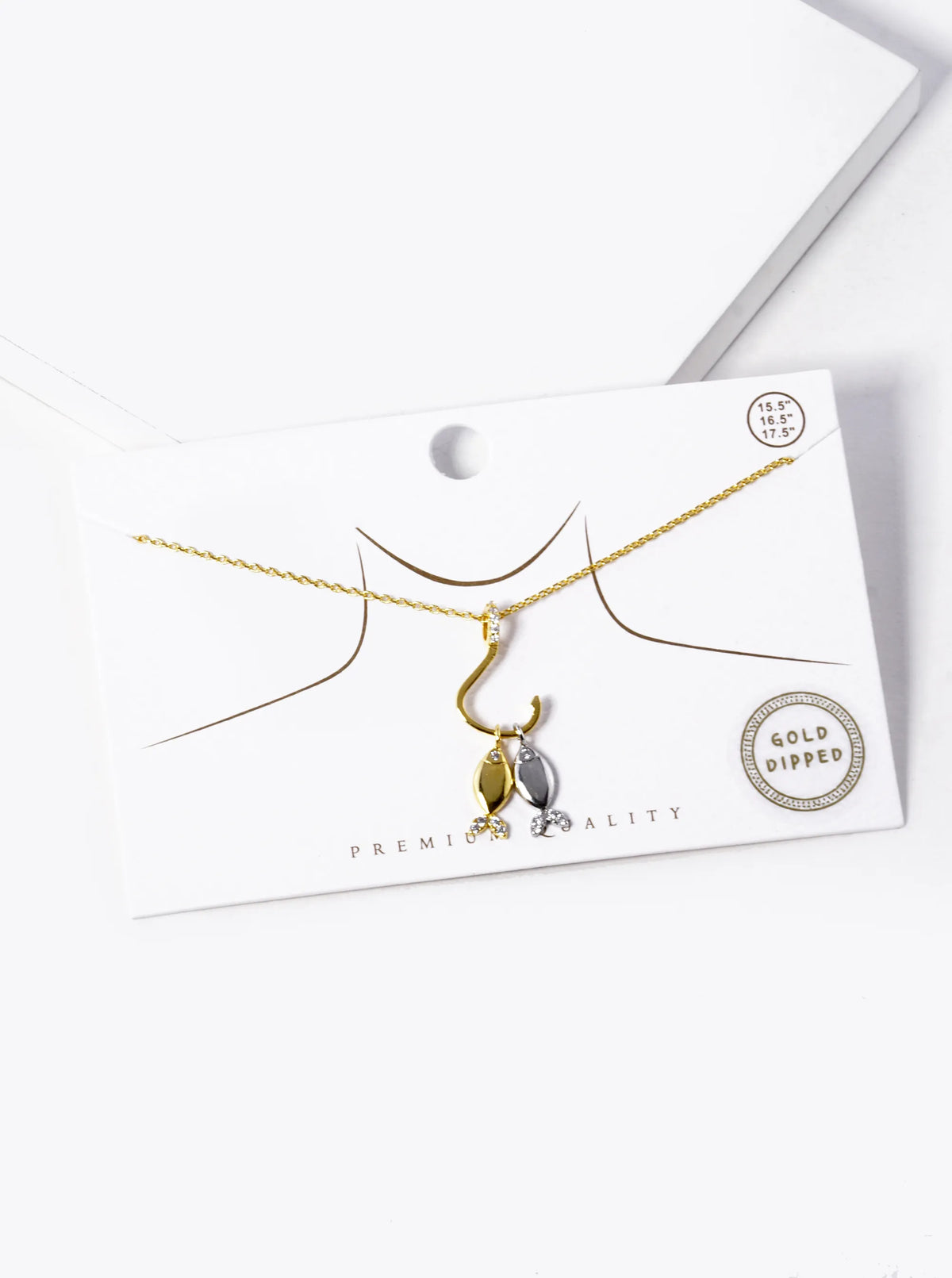 18k Gold Dipped CZ Two Fish With A Hook Pendant Necklace