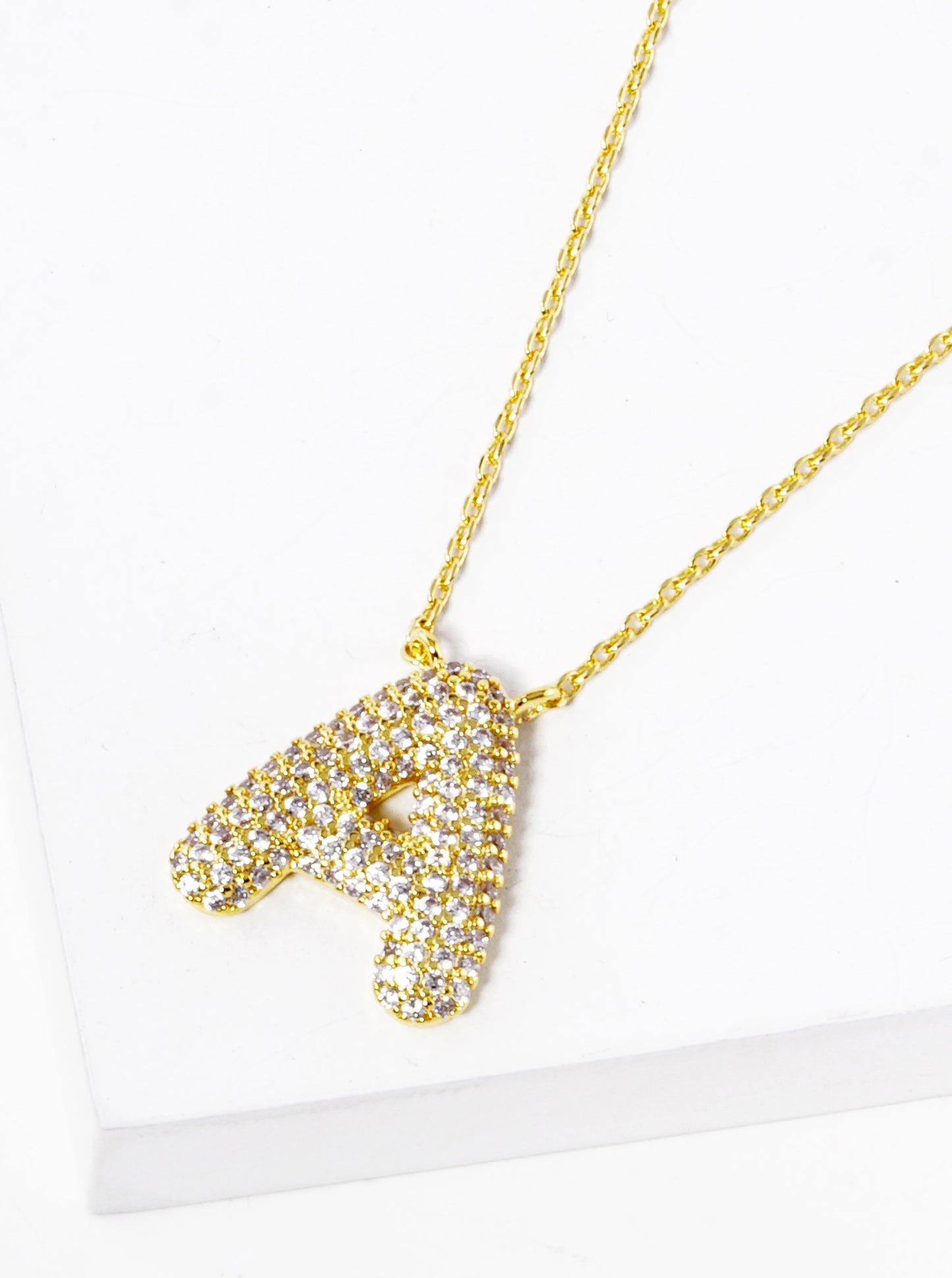 18k Gold Dipped CZ Pave Bubble Initial Pendant Necklace