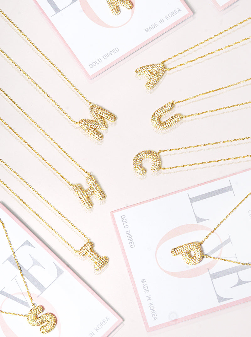 18k Gold Dipped CZ Pave Bubble Initial Pendant Necklace