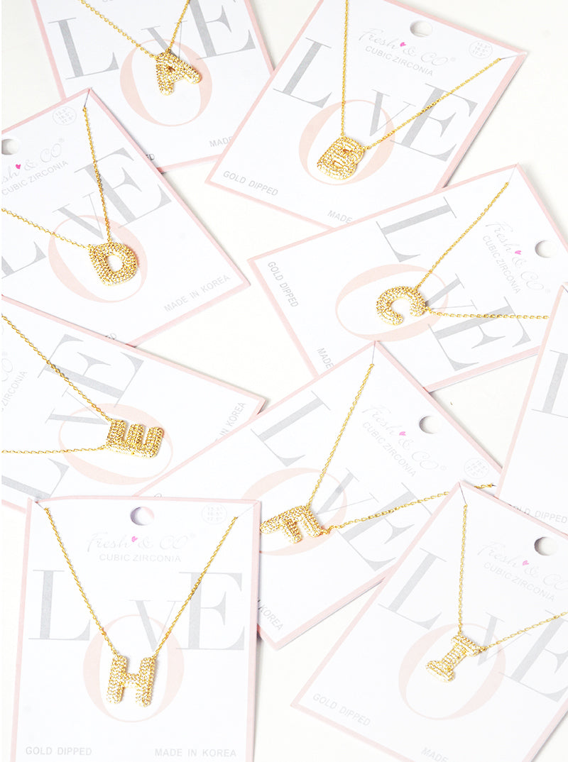 18k Gold Dipped CZ Pave Bubble Initial Pendant Necklace