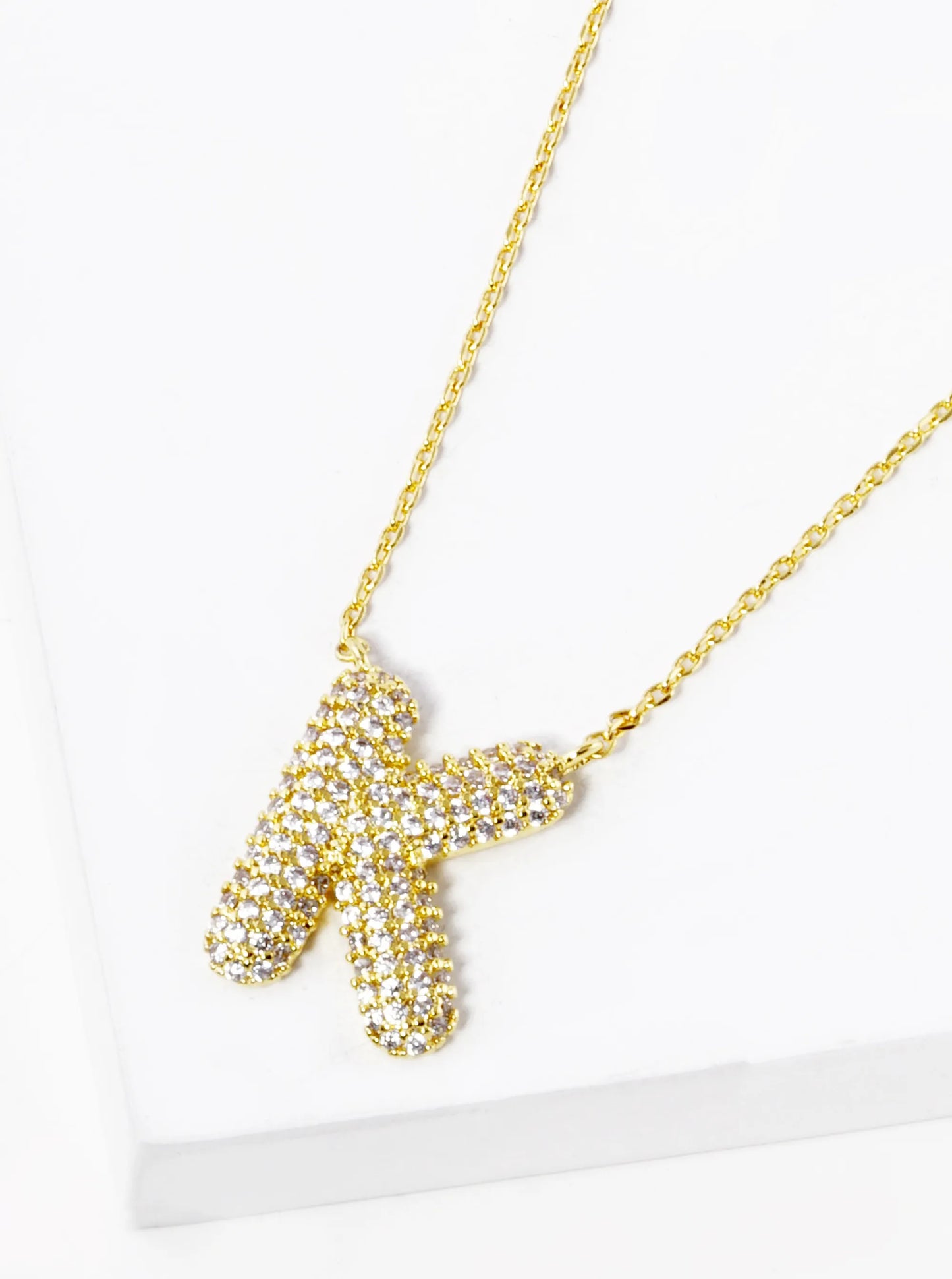 18k Gold Dipped CZ Pave Bubble Initial Pendant Necklace