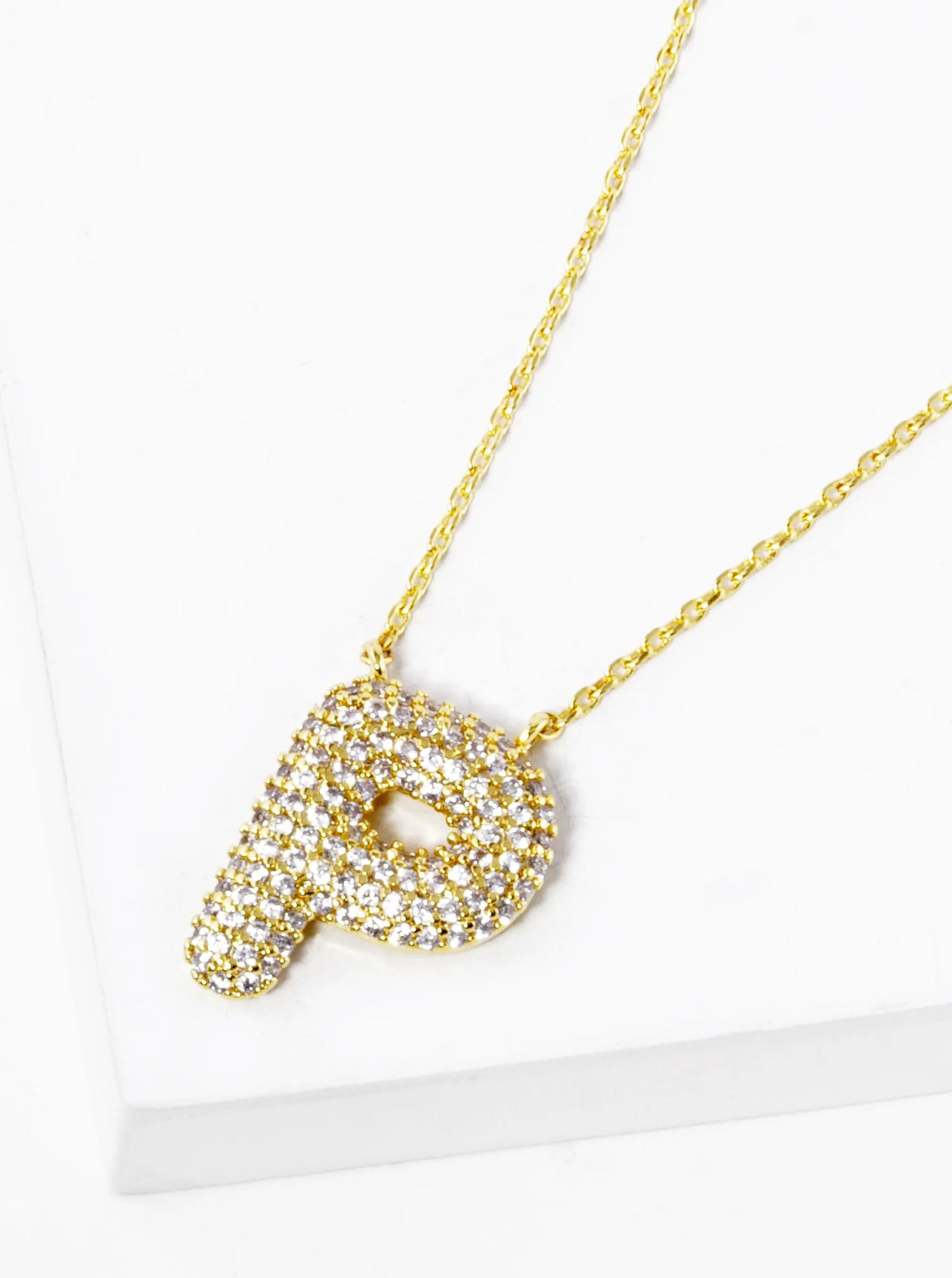 18k Gold Dipped CZ Pave Bubble Initial Pendant Necklace