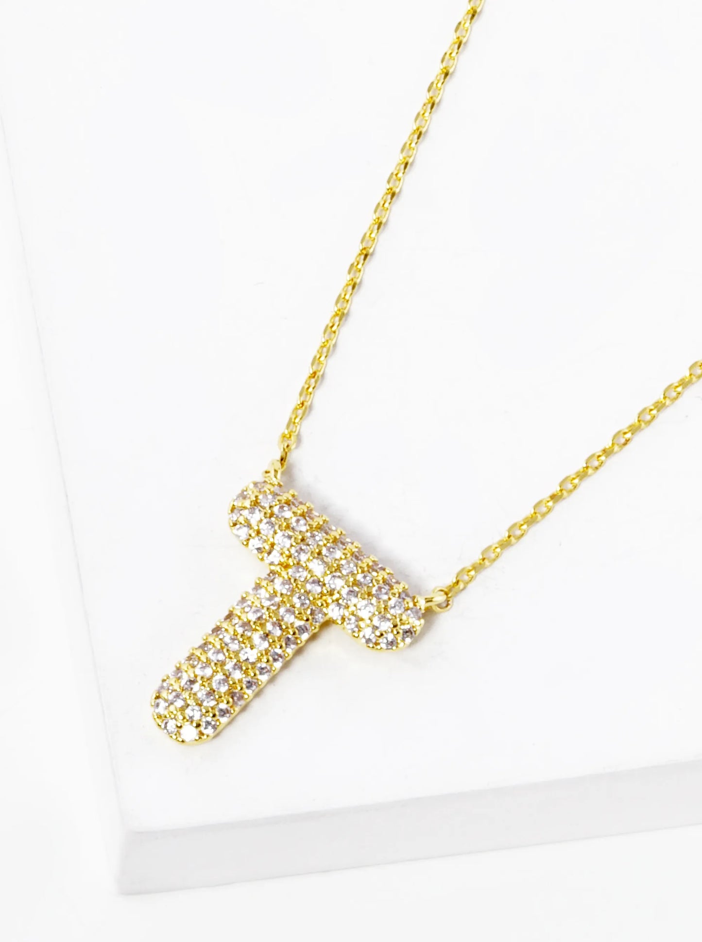 18k Gold Dipped CZ Pave Bubble Initial Pendant Necklace