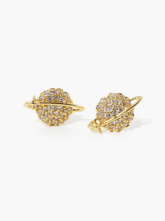 18k Gold Dipped CZ Pave Saturn Post Stud Earrings