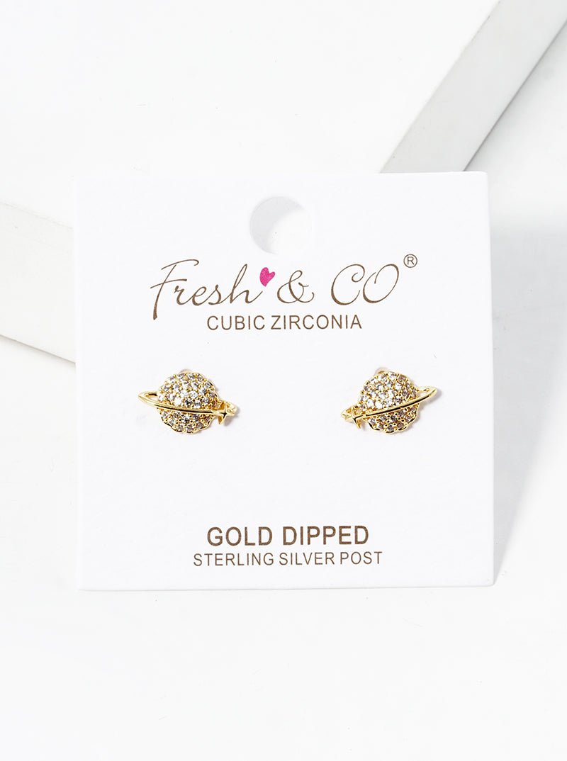 18k Gold Dipped CZ Pave Saturn Post Stud Earrings
