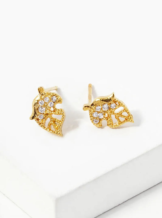 18k Gold Dipped Delicate CZ Pave Leaf Stud Earrings