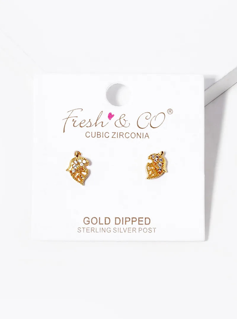 18k Gold Dipped Delicate CZ Pave Leaf Stud Earrings
