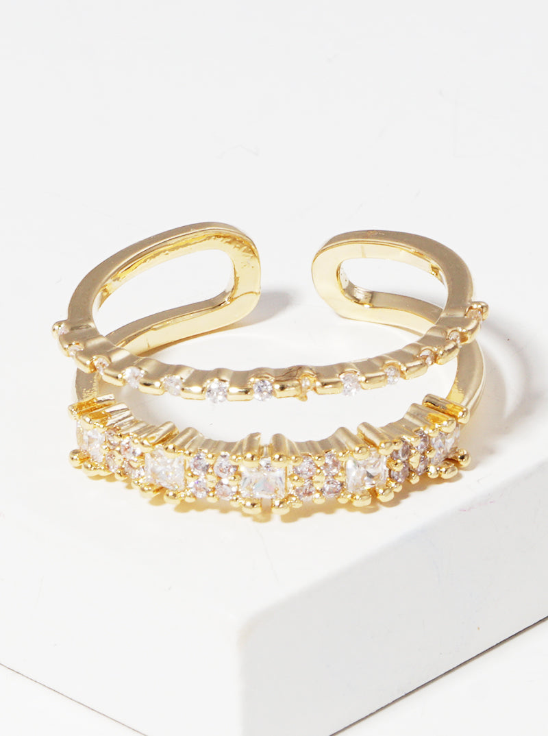 18k Gold Dipped Double Row CZ Adjustable Cuff Ring