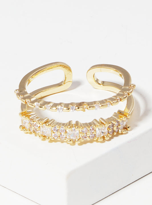 18k Gold Dipped Double Row CZ Adjustable Cuff Ring