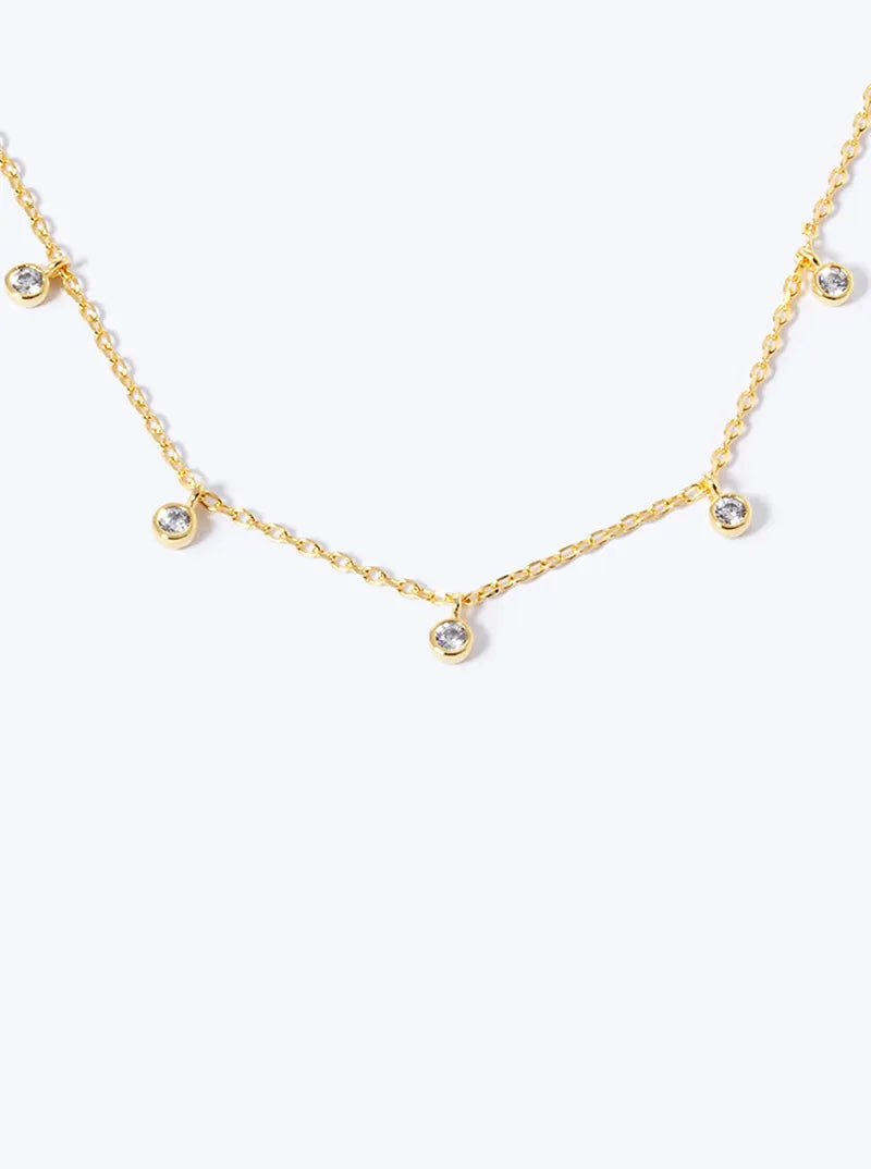 18k Gold Dipped Five Dainty CZ Stones Drop Station Necklace