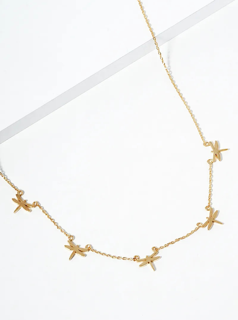 18k Gold Dipped Five Dragonflies Station Necklace
