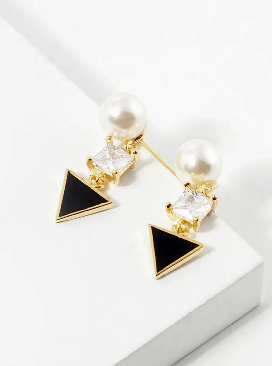 18k Gold Dipped Geometric CZ Pearl Dangle Post Stud Earrings