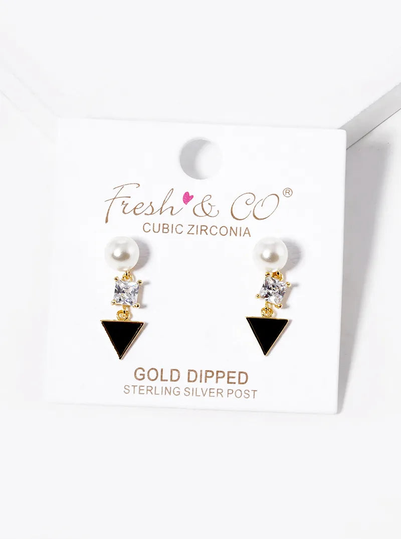 18k Gold Dipped Geometric CZ Pearl Dangle Post Stud Earrings