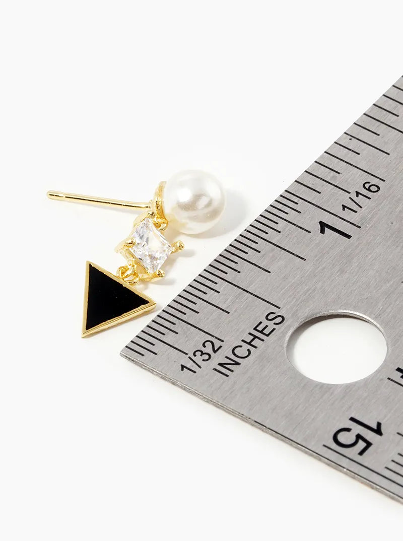18k Gold Dipped Geometric CZ Pearl Dangle Post Stud Earrings