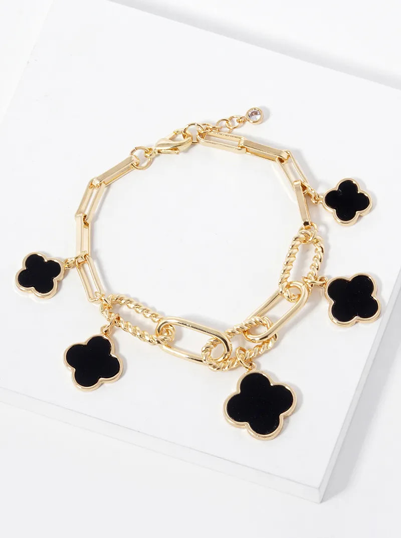18k Gold Dipped Graduated Five Quatrefoil Charms Link Chain Bracelet