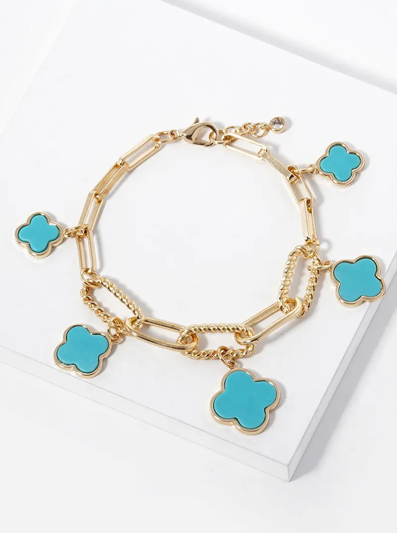 18k Gold Dipped Graduated Five Quatrefoil Charms Link Chain Bracelet