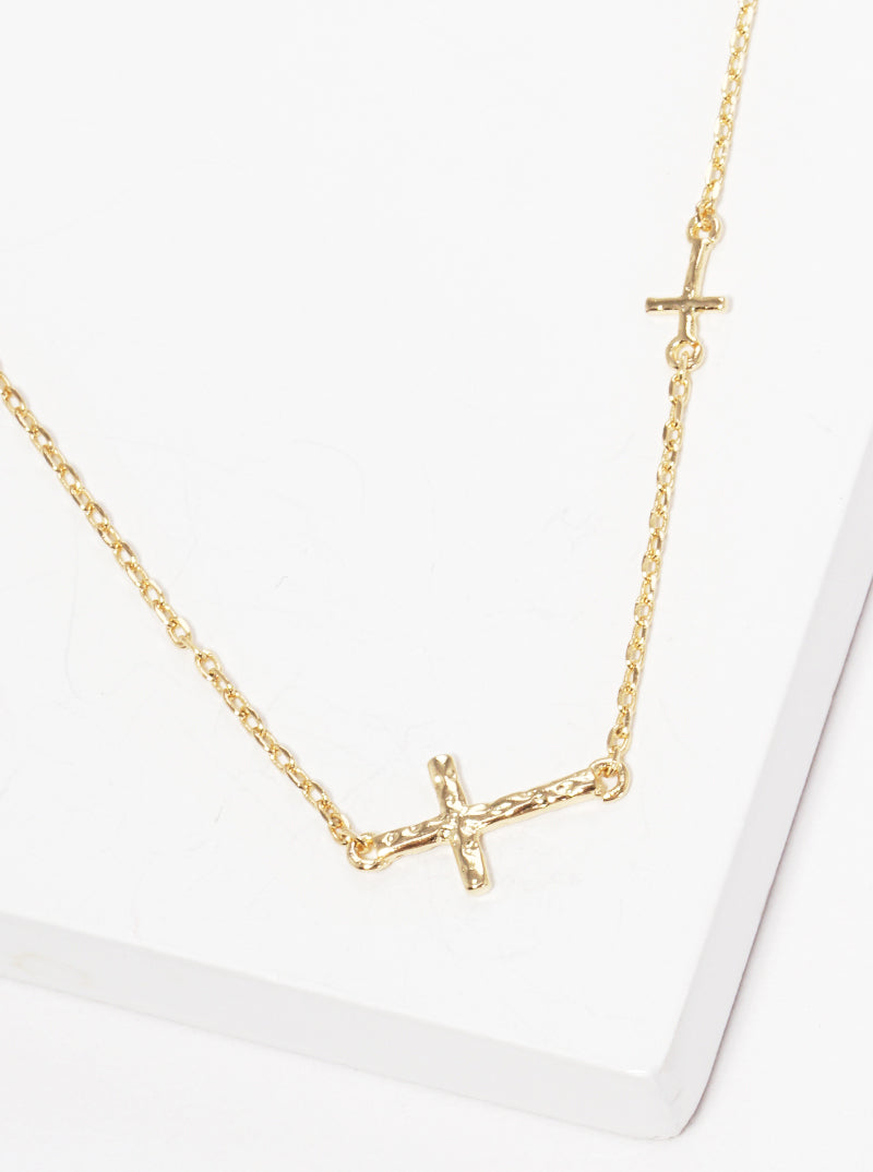 18k Gold Dipped Hammered Double Cross Pendant Necklace