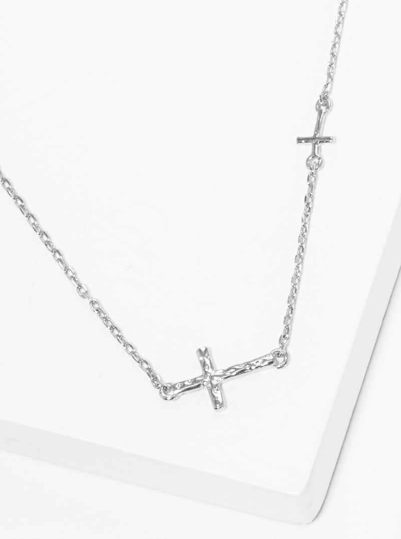 18k Gold Dipped Hammered Double Cross Pendant Necklace