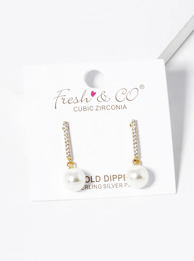 18k Gold Dipped Pearl Bead Drop CZ Pave Bar Dangle Earrings