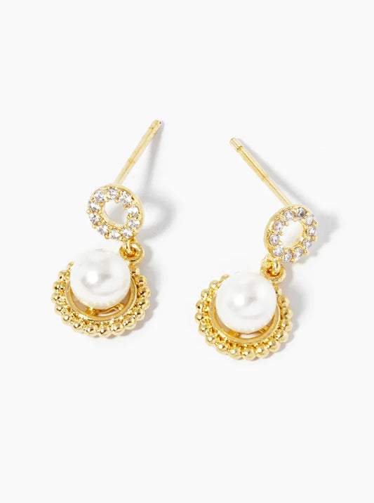 18k Gold Dipped Pearl Beads Drop CZ Pave Circle Post Dangle Earrings