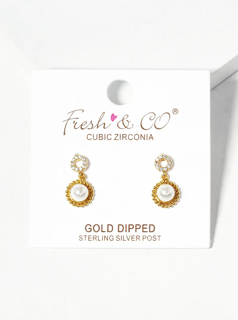 18k Gold Dipped Pearl Beads Drop CZ Pave Circle Post Dangle Earrings