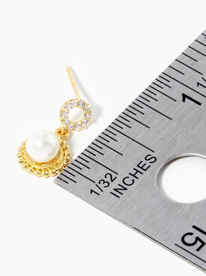18k Gold Dipped Pearl Beads Drop CZ Pave Circle Post Dangle Earrings