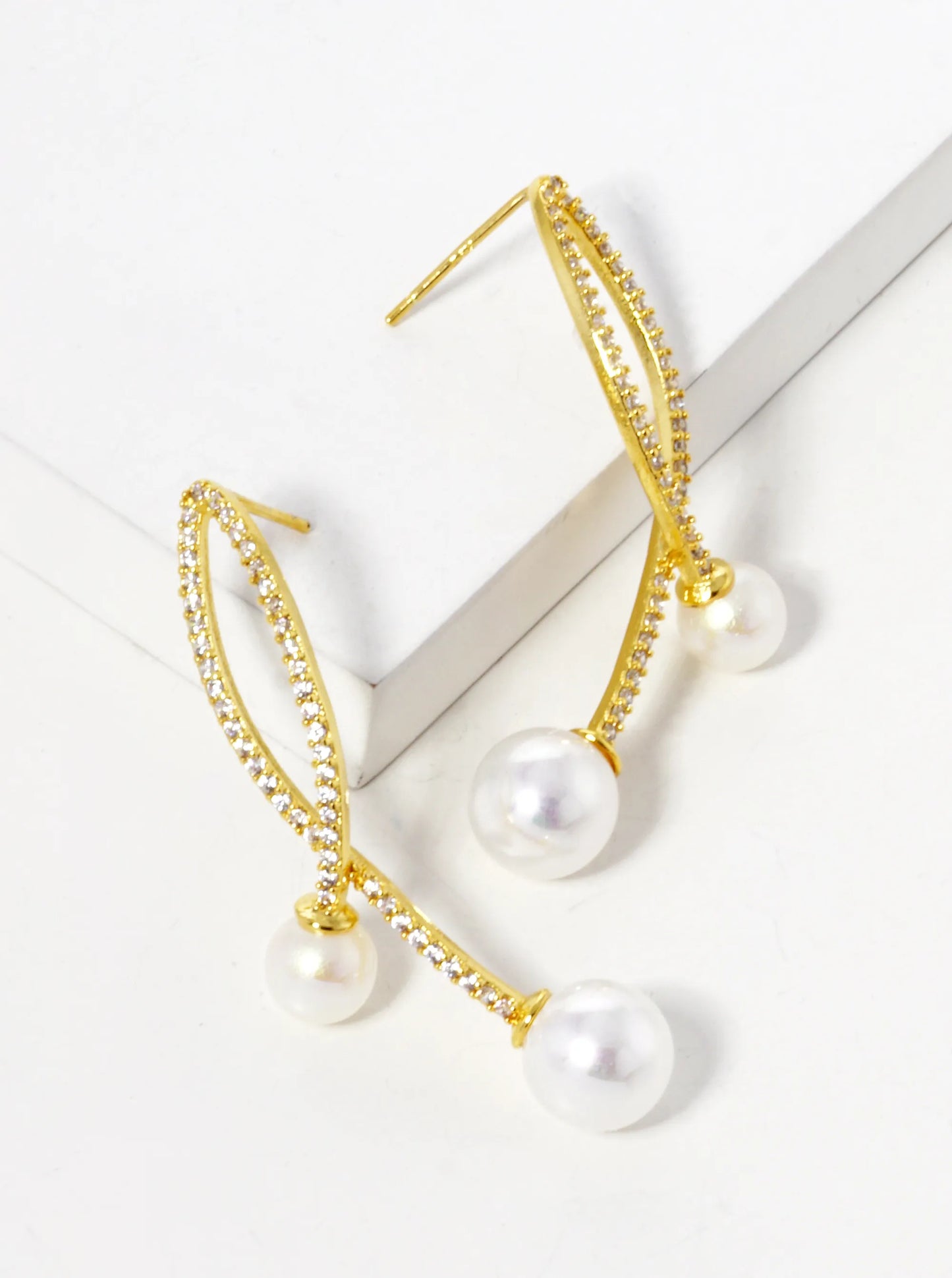 18k Gold Dipped Pearl Drop CZ Pave Curved Double Bar Post Earrings