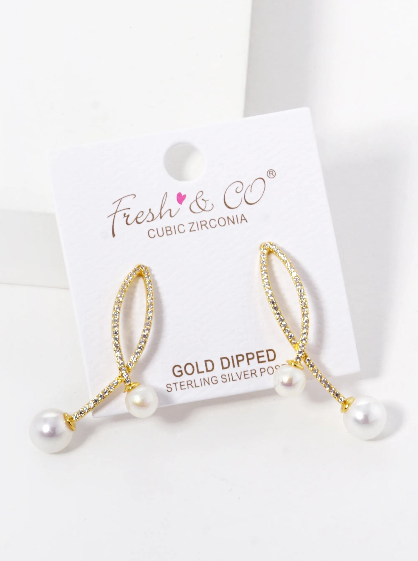 18k Gold Dipped Pearl Drop CZ Pave Curved Double Bar Post Earrings