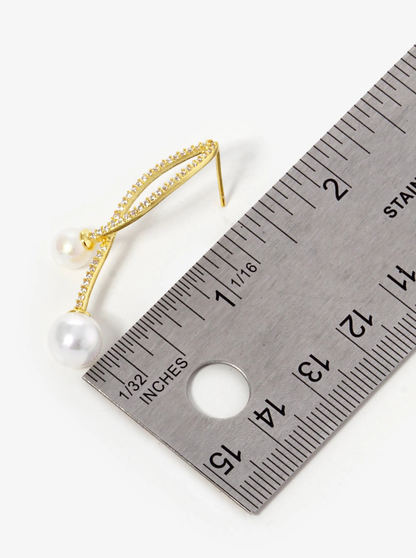 18k Gold Dipped Pearl Drop CZ Pave Curved Double Bar Post Earrings