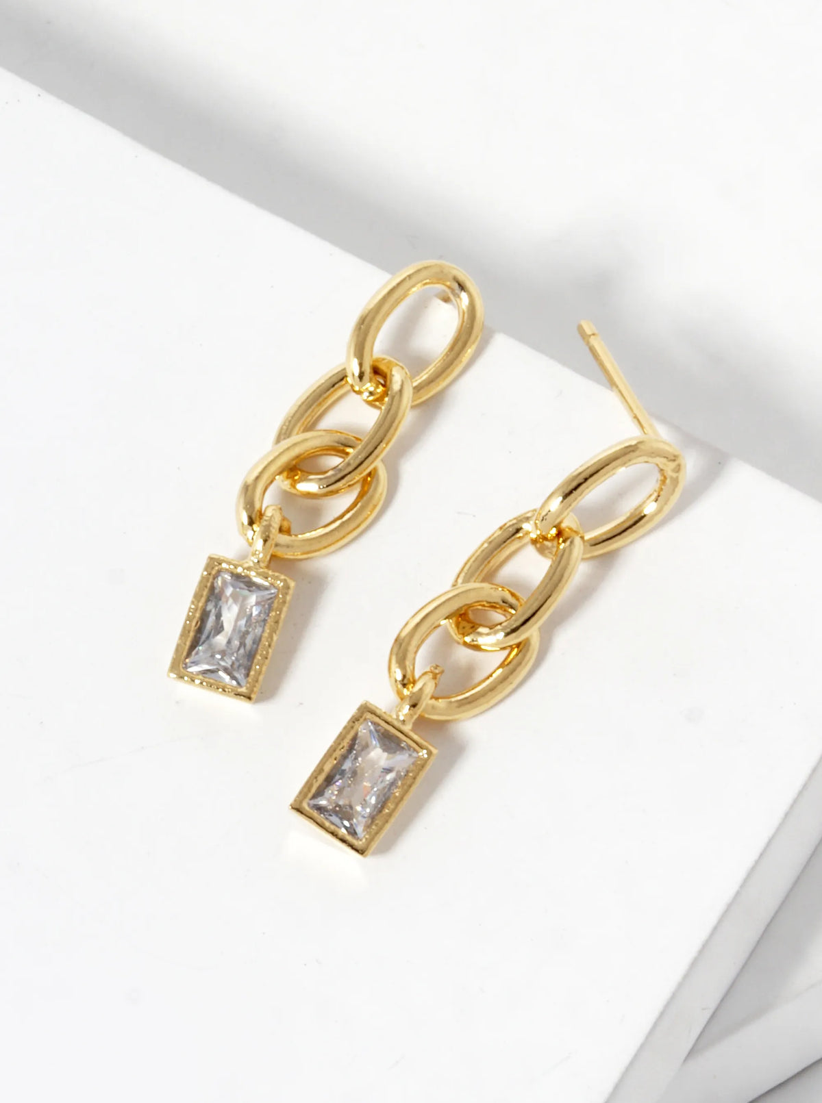18k Gold Dipped Rectangle CZ Drop Chain Post Earrings