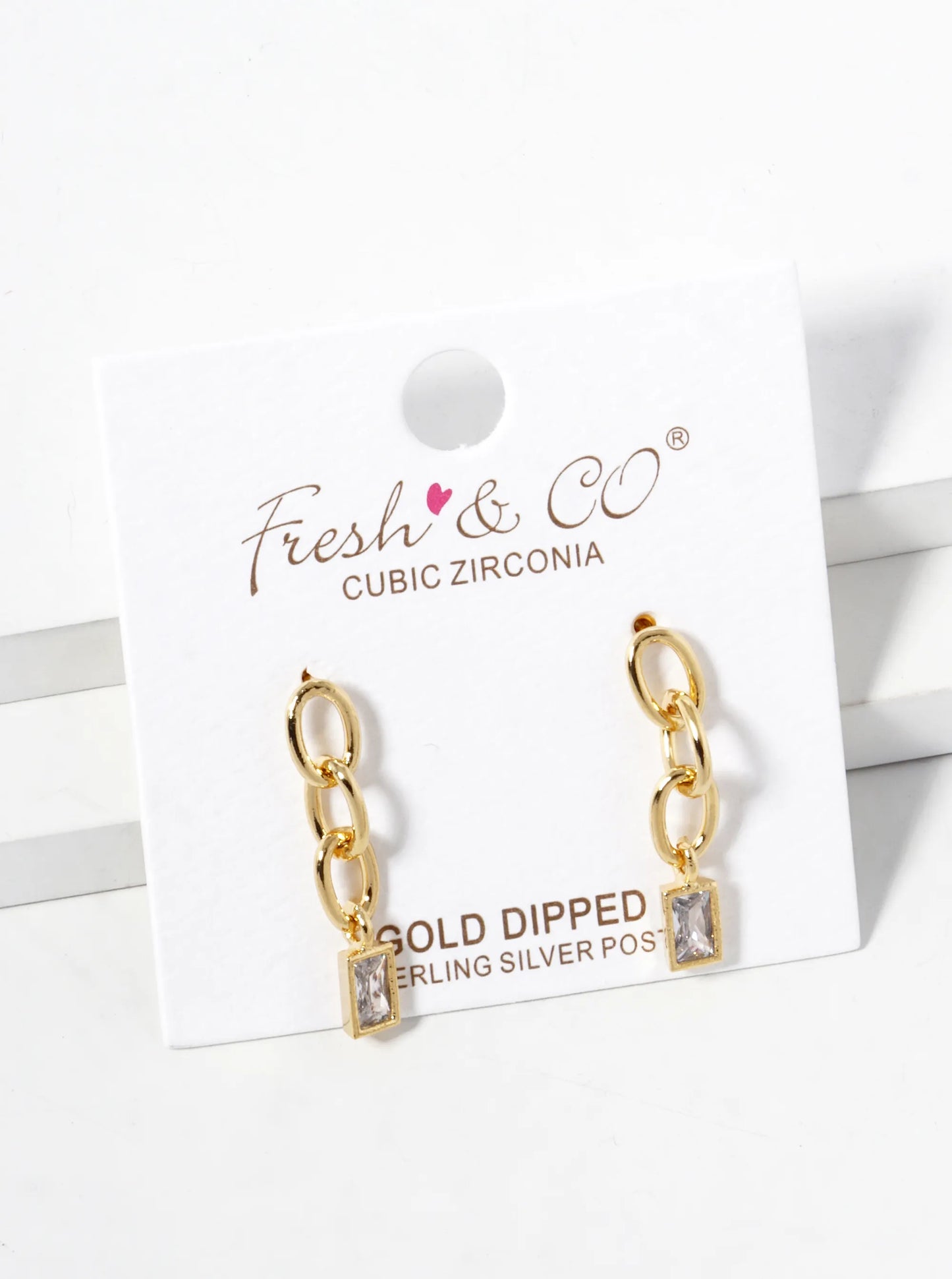 18k Gold Dipped Rectangle CZ Drop Chain Post Earrings