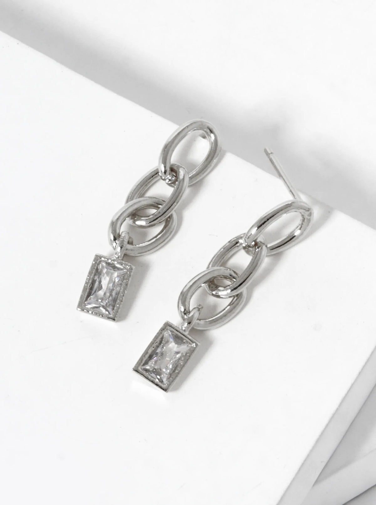 18k Gold Dipped Rectangle CZ Drop Chain Post Earrings