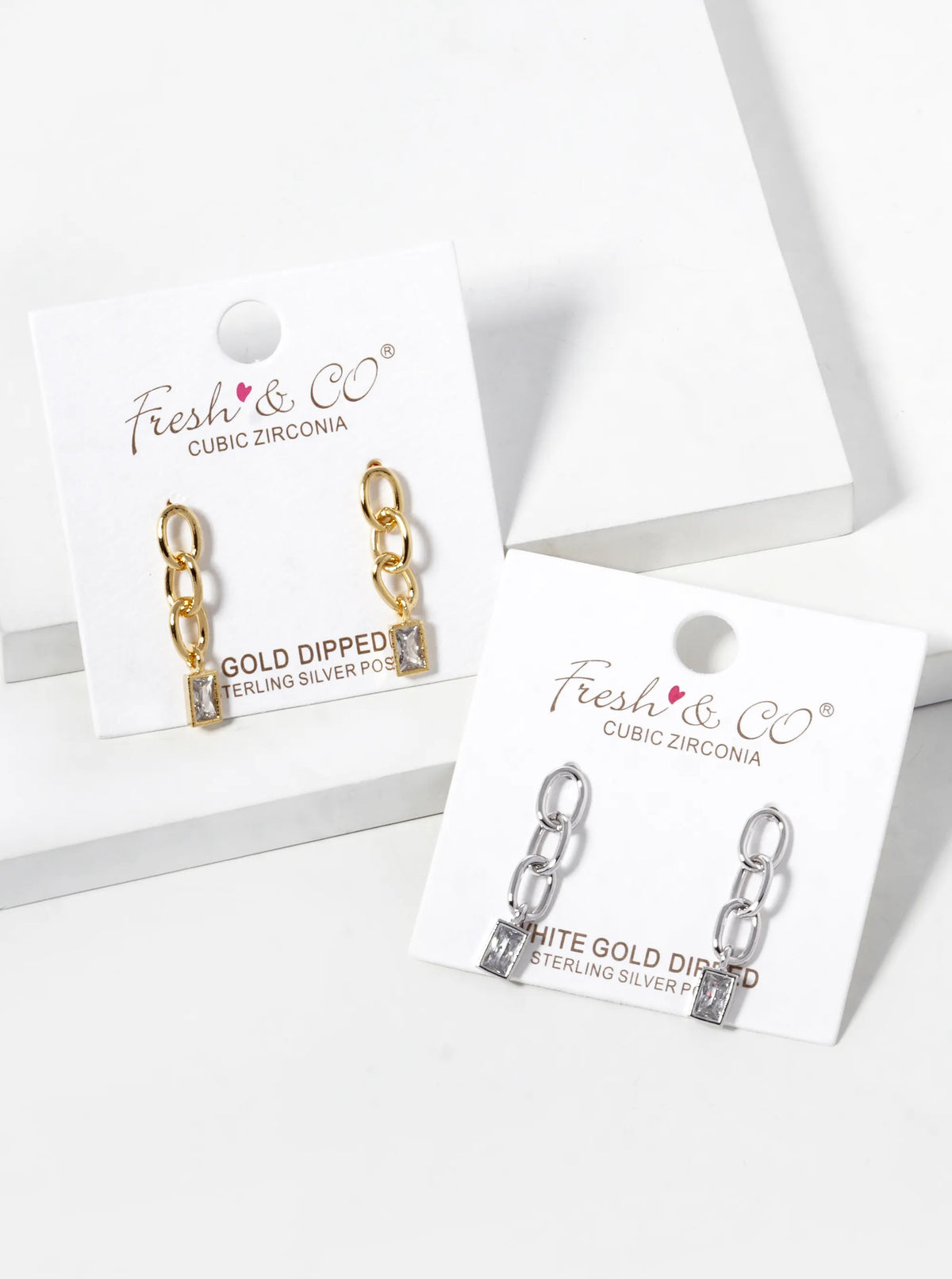 18k Gold Dipped Rectangle CZ Drop Chain Post Earrings