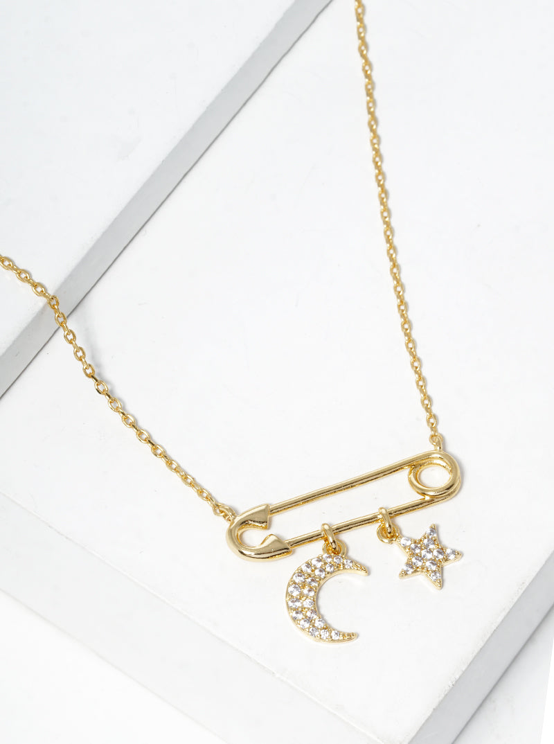18k Gold Dipped Safety Pin With Star And Moon Drop Pendant Necklace
