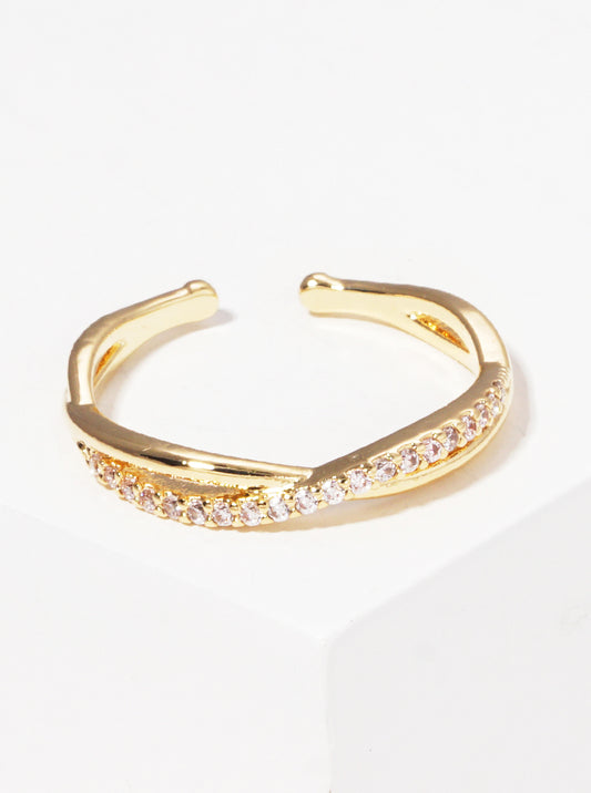 18k Gold Dipped Shine Double X Crossed CZ Open Adjustable Ring