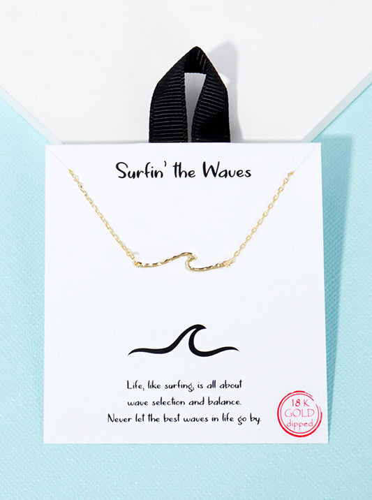 18k Gold Dipped Textured Metal Wave Pendant Necklace