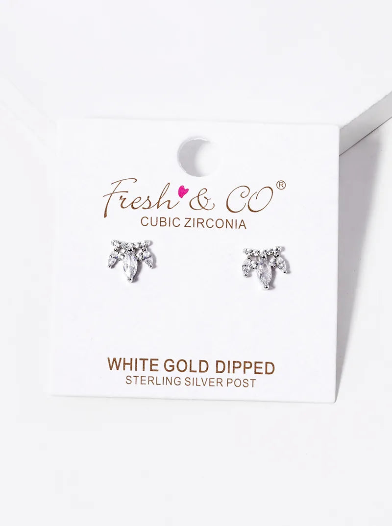 18k Gold Dipped Three Marquise CZ Stones Drop Post Stud Earrings