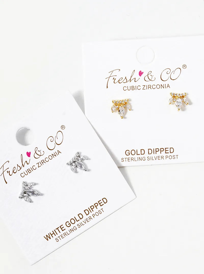 18k Gold Dipped Three Marquise CZ Stones Drop Post Stud Earrings
