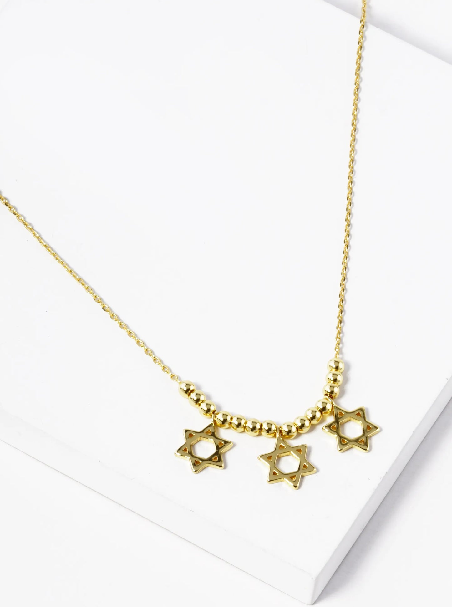 18k Gold Dipped Three Star Of David With Metallic Beads Necklace
