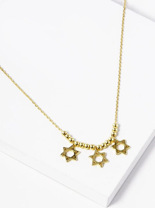 18k Gold Dipped Three Star Of David With Metallic Beads Necklace