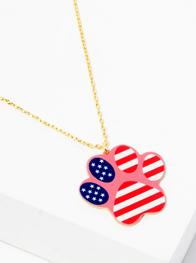 18k Gold Dipped US Flag Print Game Day Mascot Dog Paw Pendant Necklace